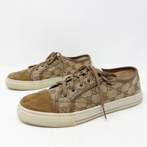 Gucci GG Canvas Suede Brown Low Top Sneakers Size 38 - Picture 1 of 11